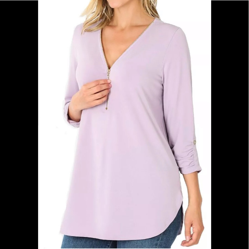Plus Size Lilac Zipper Front 3/4 Sleeve Blouse Top